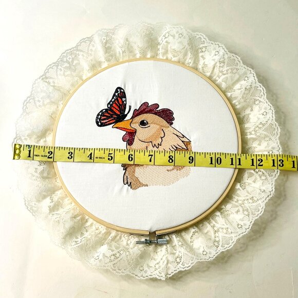 Chicken Butterfly Embroidered Art Wall Hanging Wood Embroidery Hoop Frame 13" - Picture 5 of 6